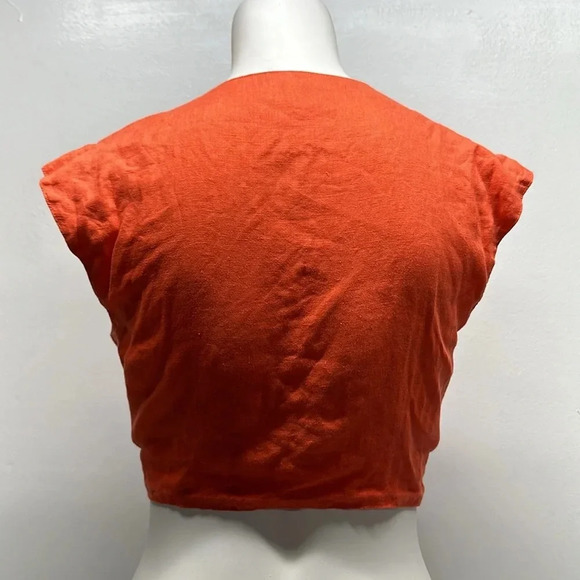 Miguelina Marcy Crop Top Cropped Tie Front Pure Linen Short Sleeve Red S Small - Picture 4 of 9
